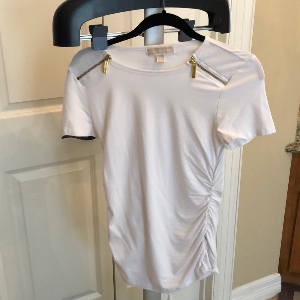 White with gold zippers
